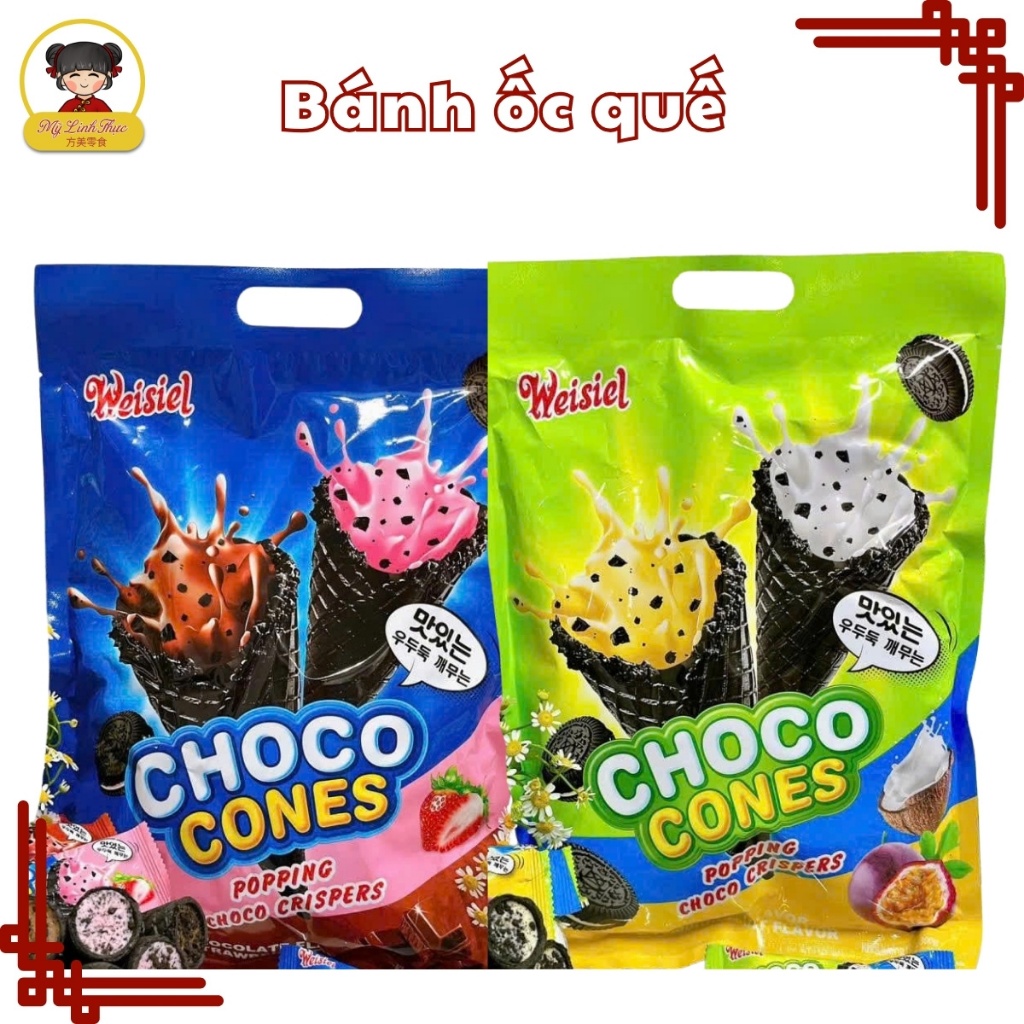 Bánh ốc quế Choco cones 3 vị, socola, chanh leo, bánh quế giòn thơm, Gói 300g Cao Cấp